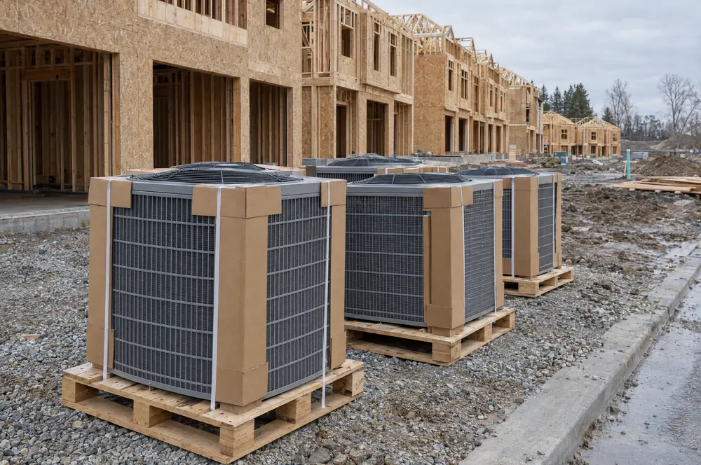 New condensing units on pallets at a construction job site before installation