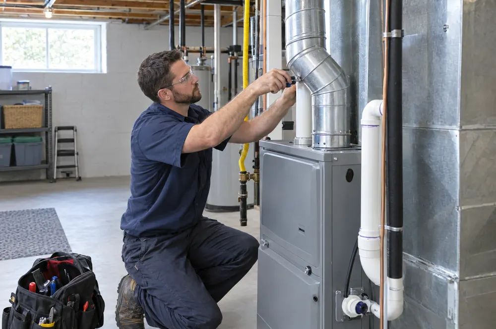 HVAC technician installing a gas furnace in a home's basement
