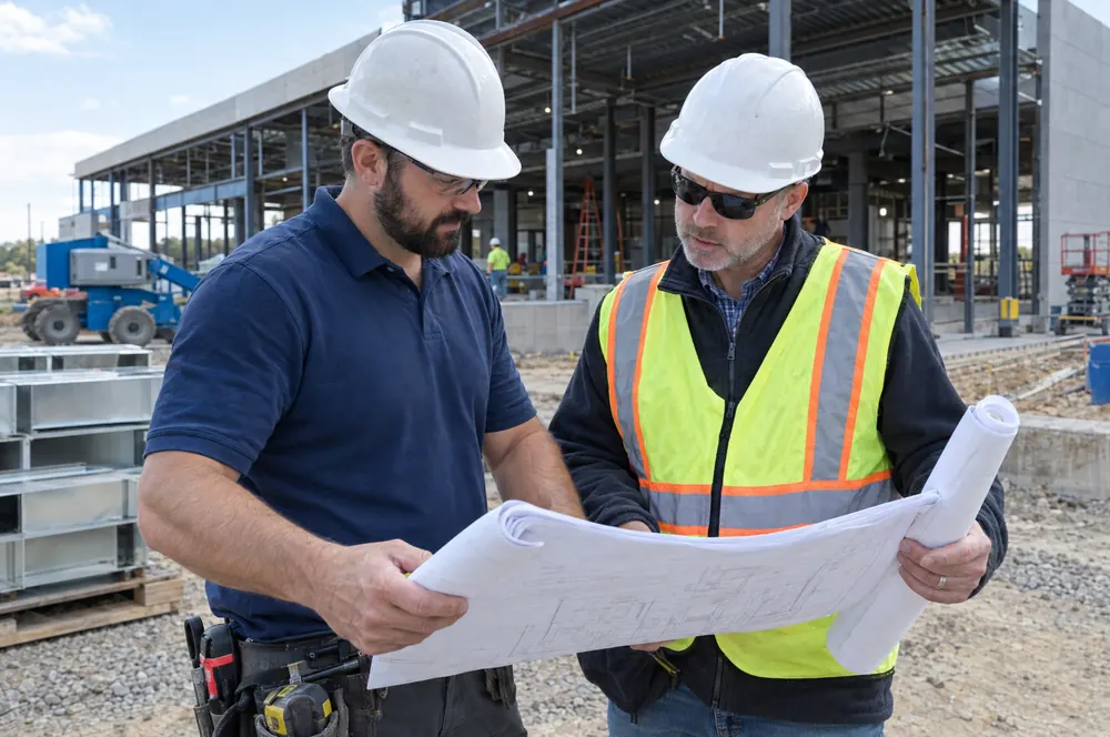 HVAC contractor walking a commercial job site with the general contractor