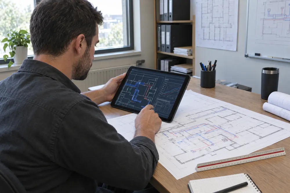 HVAC designer reviewing a load calculation and duct layout on a tablet