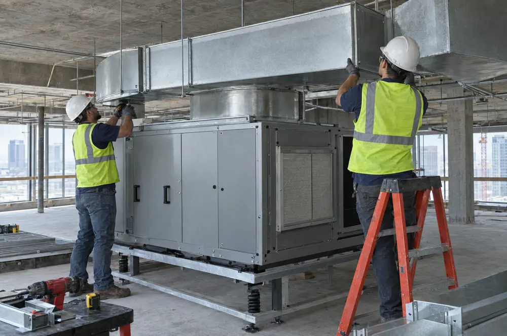 Mechanical contractor installing air handlers in a new commercial building
