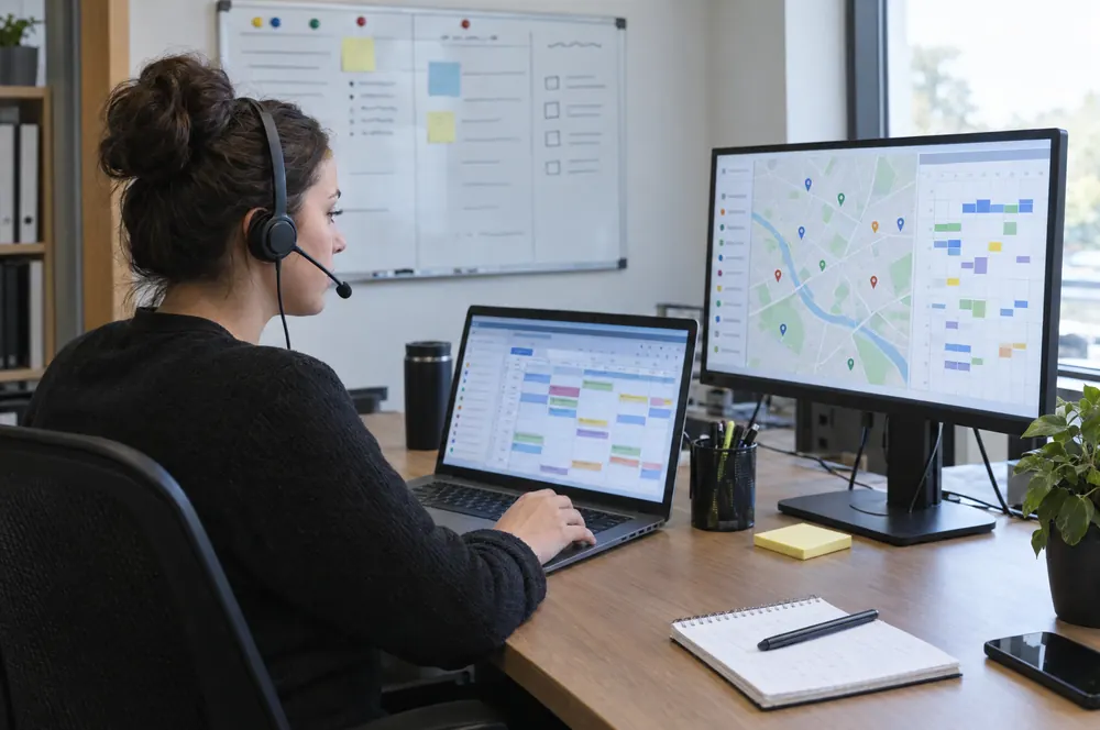 HVAC office dispatcher scheduling service calls on field-service software