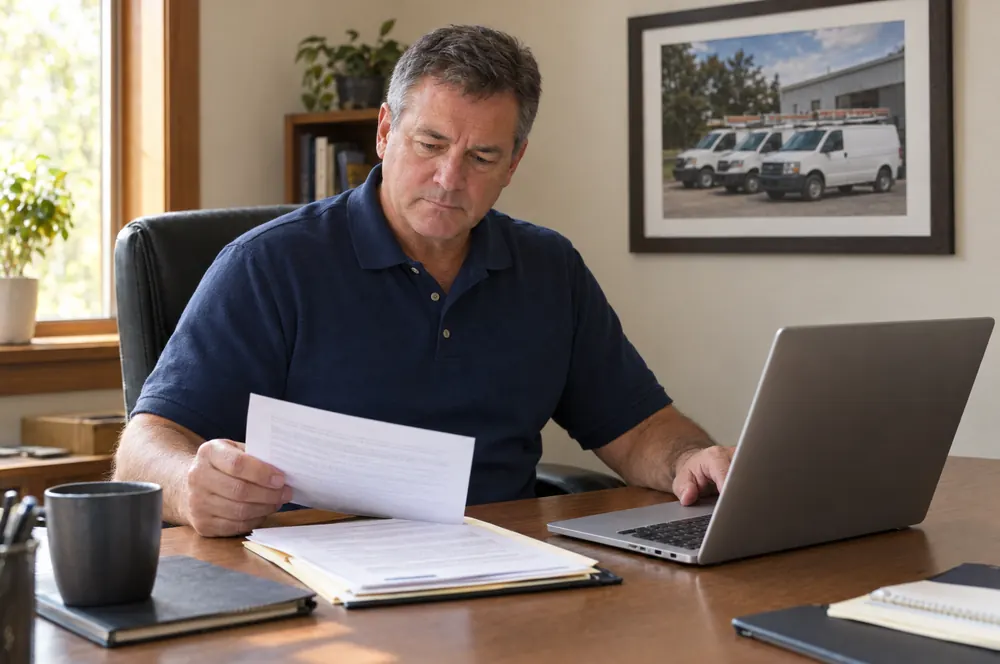 HVAC company owner reviewing insurance documents in his office