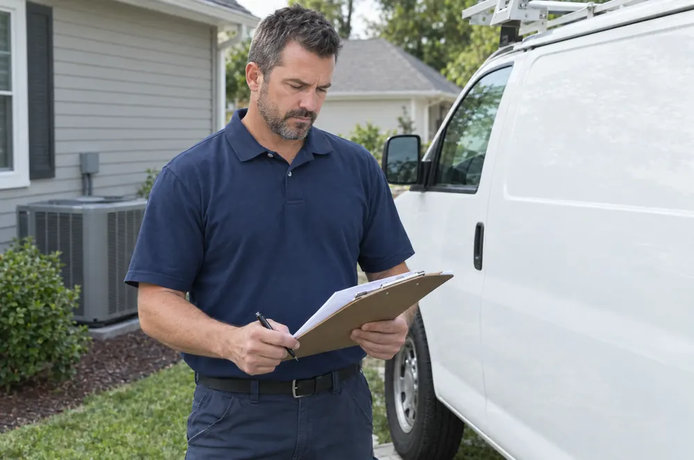 HVAC contractor holding permit paperwork beside his service van