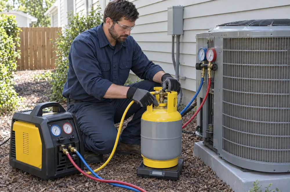 EPA-certified technician recovering refrigerant with a recovery machine