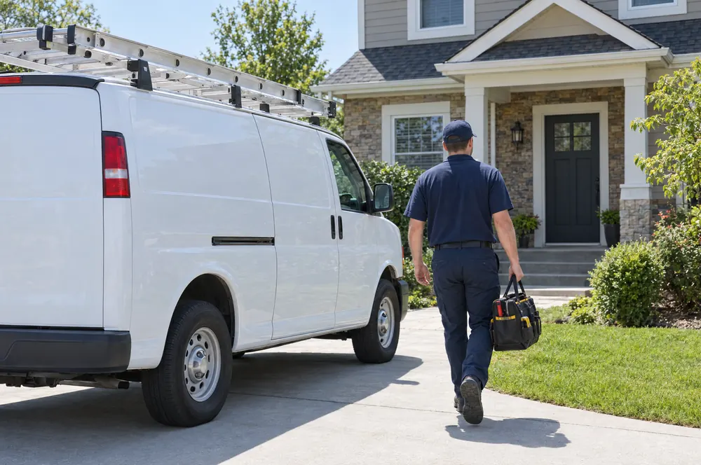 HVAC service van with a ladder rack parked at a customer's home