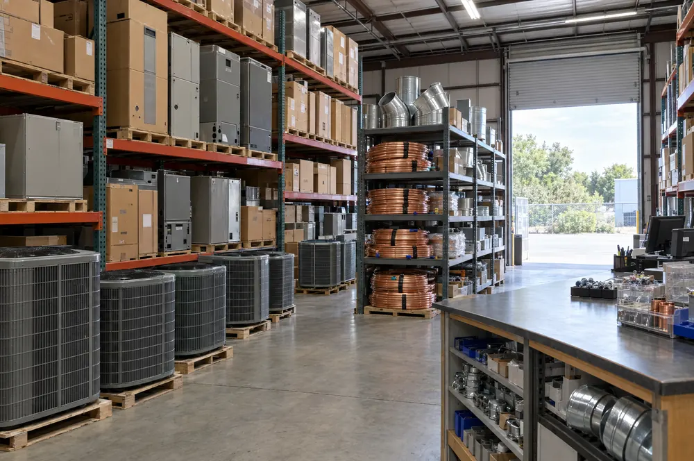 HVAC shop warehouse with stocked equipment boxes and copper line sets