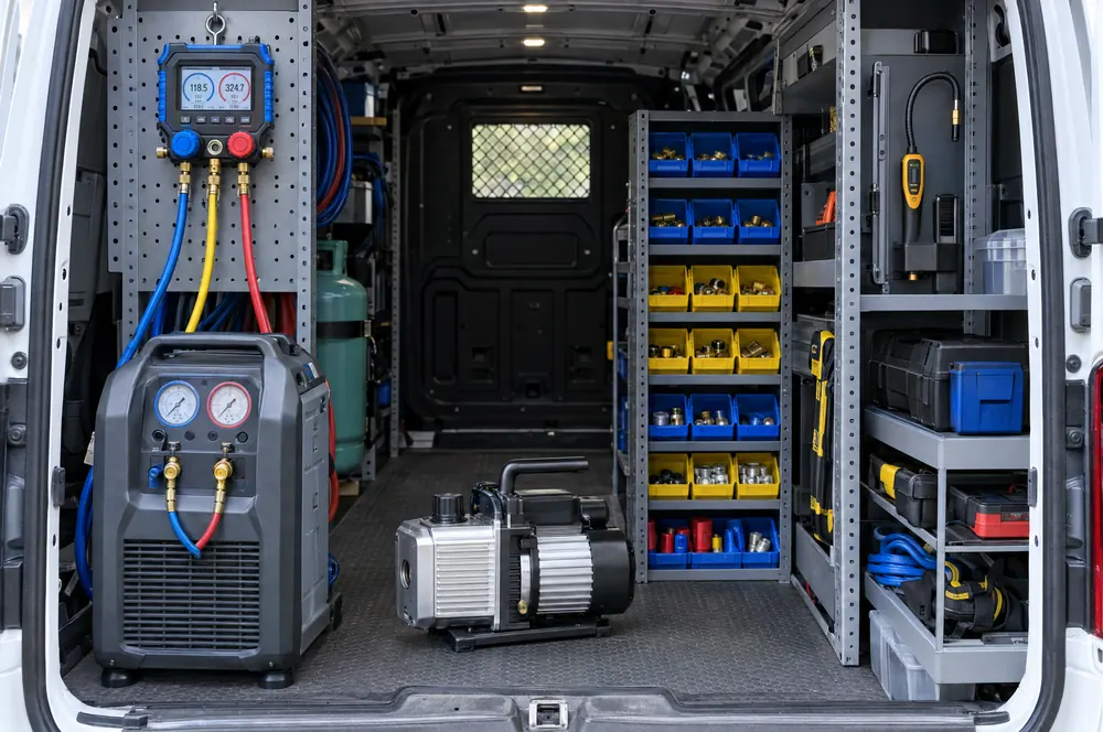 Manifold gauges, a recovery machine and a vacuum pump organized inside a service van